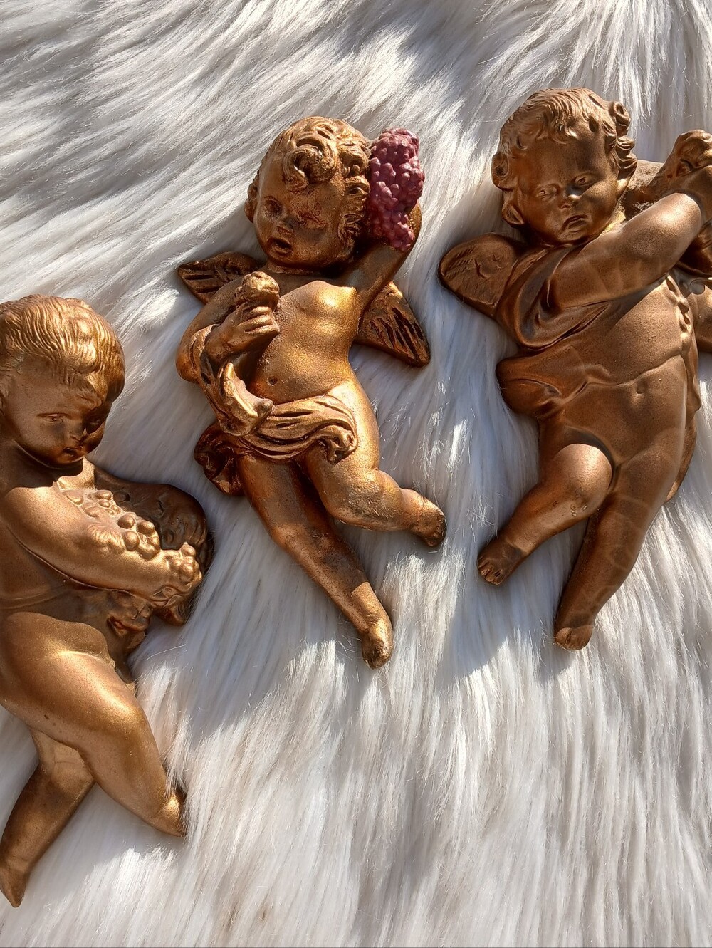 Cherub Chalkware Wall Hanging Plaque Set of 3 Gold Vintage mcm Decor Fruit Grape